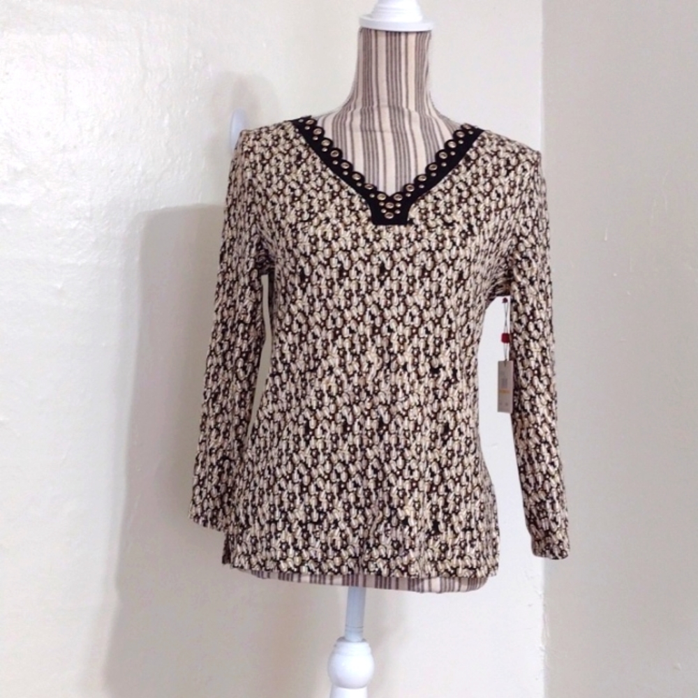 Rafaella Jersey Knit Grommet V-neck 3/4 Sleeve Top NWT Size SP